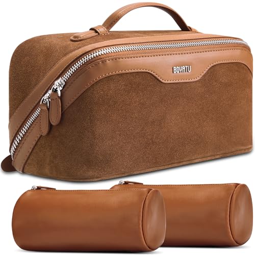 BOYATU Genuine Leather Travel Makeup Bag: Large Capacity 3 Pcs Set Cosmetic Bags for Women - Designer Waterproof Hand-made for Toiletry Organizer - Travel Essentials for Elegance (06Suede-Brown) - color: 06Suede-Brown