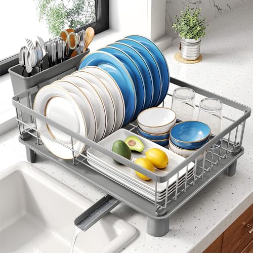 SNTD Dish Drying Rack - Small Dish Rack for Kitchen Counter, Stainless Steel Dish Drainer with Utensil Holder and Drainboard, 12.9" W x 16.9" L (Grey) - color: Gray, size: 12.9" W x 16.9" L
