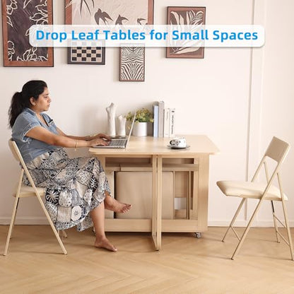 Folding Dining Room Table for 4/6 with 35.4" Extra Wide Space Saving Drop Leaf Table with Lockable Wheels & Storage, Heavy Duty Eco Solid Wood Top 300lb, Convertible Desk for Apartments/RV/Home Office - color: Wood