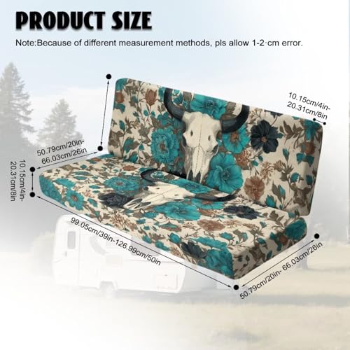 Cow Skull Peony Print 2 Pack RV Dinette Cushion Covers Stretch Camper Cushion Slipcover Pet-Friendly RV Couch Cover Fuzzy Sofa Slipover for Travel Trailer Couch - color: Cow Skull Peony