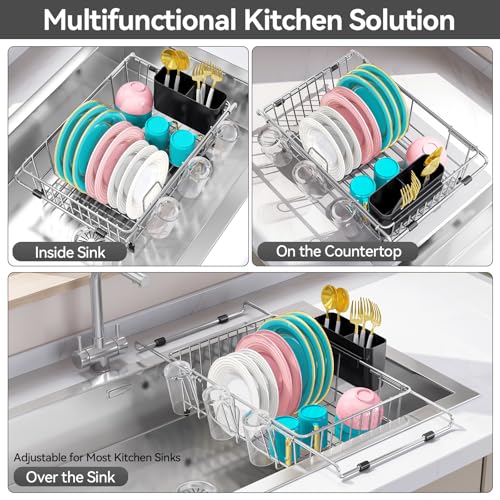 Urackify Dish Drying Rack in Sink, Stainless Steel Expandable Over the Sink Dish Rack with Utensil Holder & Cup Holder, Kitchen Drying Rack for Inside Sink, 15.35" x 11.02" x 4.84", Silver - color: Silver, size: Expandable - 15.35"~23.23“ x 11.02" x 4.84"
