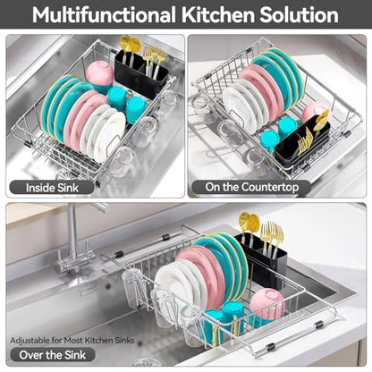 Urackify Dish Drying Rack in Sink, Stainless Steel Expandable Over the Sink Dish Rack with Utensil Holder & Cup Holder, Kitchen Drying Rack for Inside Sink, 15.35" x 11.02" x 4.84", Silver - color: Silver, size: Expandable - 15.35"~23.23“ x 11.02" x 4.84"