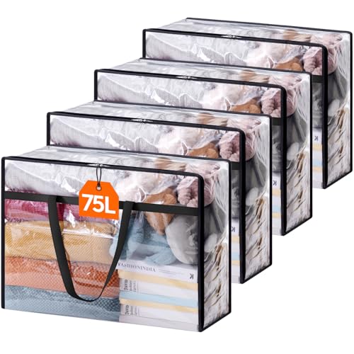 Lifewit 4 Pack Clear Clothes Storage Bags, 75L Plastic Blanket Storage Bag, Vinyl Foldable Moving Bags with Zipper, Closet Organizers and Storage Containers for Bedding, Duvet, Comforter - size: 75L