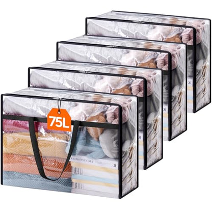 Lifewit 4 Pack Clear Clothes Storage Bags, 75L Plastic Blanket Storage Bag, Vinyl Foldable Moving Bags with Zipper, Closet Organizers and Storage Containers for Bedding, Duvet, Comforter - size: 75L