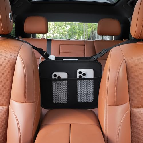 Car Organizer Bag for Back Seat Front Seat or Between Seats Premium PU Leather Hanging Storage Caddy with Tablet Holder Tissue Box Cup Bottle Holders Mesh Pockets for Kids Adults