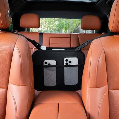 Car Organizer Bag for Back Seat Front Seat or Between Seats Premium PU Leather Hanging Storage Caddy with Tablet Holder Tissue Box Cup Bottle Holders Mesh Pockets for Kids Adults