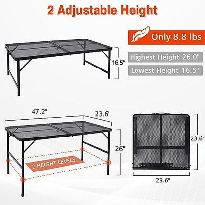 JOUYEK Folding Grill Table, 4x2 FT Portable Camping Table, Lightweight Height Adjustable Metal Tables with Mesh Desktop and Mesh Bag, Outdoor Tables for Camping, Picnic, Beach and BBQ, Black - style: 4x2 FT