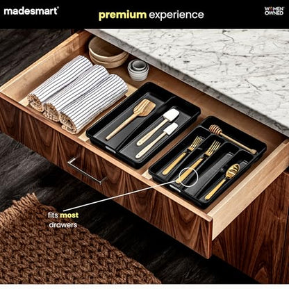 madesmart Small Silverware Tray, Compact 5 Compartment Flatware Organizer for Forks, Knives & Spoons, Non Slip, Soft Grip Lining, Fits Small Drawers, Carbon - color: Carbon