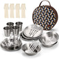 Odoland Stainless Steel Camping Mess Kit for Family & Person, Cooking Tableware Utensils with Plates Bowls Forks Spoons Knives & Savings Bag for Camping, Backpacking, Hiking, Picnic - style: 4 Person Set