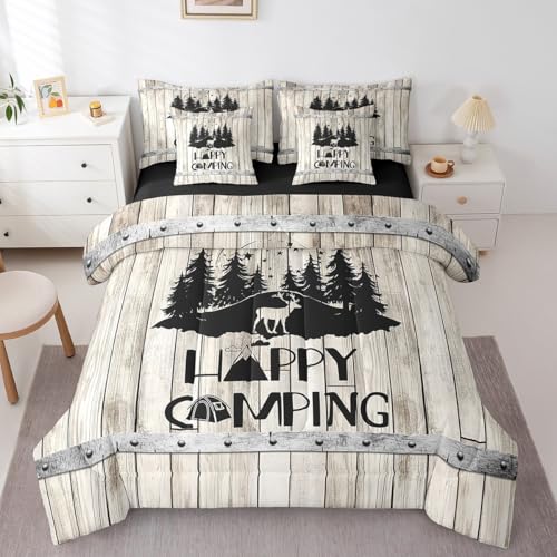 Erosebridal Camper King Bedding Set 7 Piece Rustic Farmhouse Comforter Set with Sheets Rv Camping Bed in A Bag for Travel Trailers Bunks Woodland Pine Tree Deer Bed Setfor Kids Adults - color: Beige Grey Black, size: King