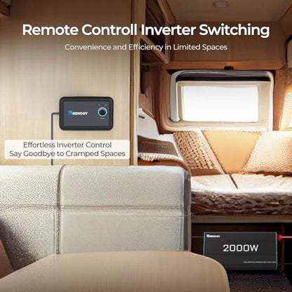 Renogy Inverter P2 2000W Pure Sine Wave Inverter 12V DC to 110V AC Converter, Off-Grid Solar Power Inverters for Vehicles, Truck, RV, Home, with Built-in 5V/2.1A USB / Hardwire Port, Remote Controller - size: 2000W(No BT & ATS)