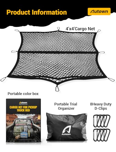 AUTOWN Cargo Net for Pickup Truck Bed - Stretchable 4'x4' to 7'x7', High Elastic Fine Mesh 1''x1'' with 8 Metal Carabiners - Ideal for ATV, SUV, UTV, Truck and Boat Use (Double Layer) - size: Double layer