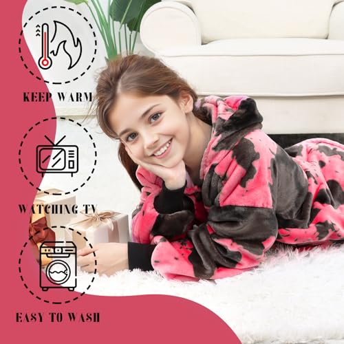 cow print Pink Wearable Blanket Hoodie 6-13 Year Old - Cozy Soft Fleece Flannel Hot Pink Hooded Sweatshirt Blanket, Christmas/Birthday Gifts for Teens Girls - color: Black Pink, size: Kids-M