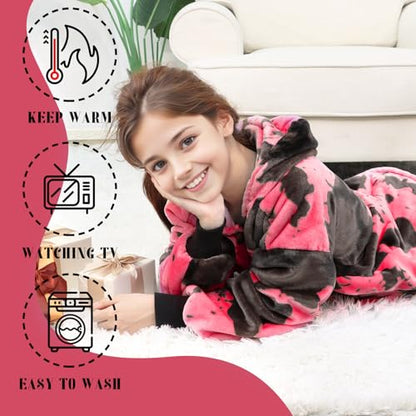 cow print Pink Wearable Blanket Hoodie 6-13 Year Old - Cozy Soft Fleece Flannel Hot Pink Hooded Sweatshirt Blanket, Christmas/Birthday Gifts for Teens Girls - color: Black Pink, size: Kids-M