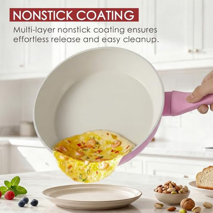 Kikcoin Pots and Pans Set Non Stick 31 Piece Kitchen Nonstick Cooking Cookware Sets with Grill Pan Saucepan Baking Sheet Utensil, Pink - color: Pink&White