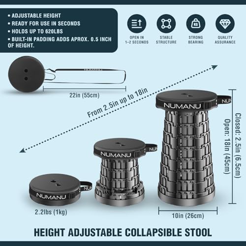 NUMANU 2026 Upgraded Padded Collapsible Stool, Max 620lbs 2.5"-18" H Adjustable Portable Folding Stool for Adults, Retractable Foldable Telescopic Seat Camping Chair or Footrest - size: 1x Padded Seat