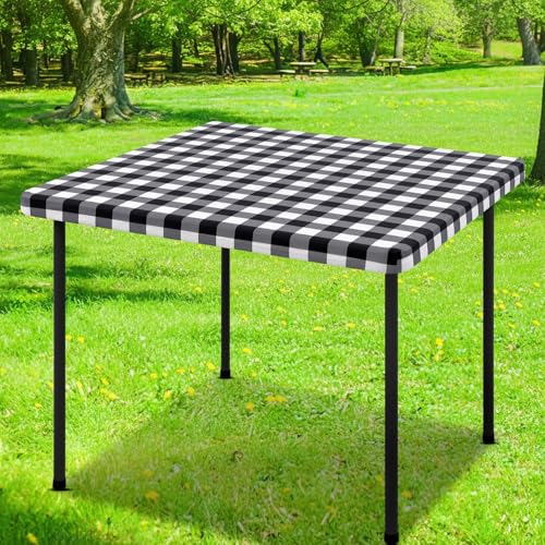 Smiry Square Picnic Table Cloth, Elastic Waterproof Fitted Vinyl Tablecloths, Flannel Backed Buffalo Plaid Table Covers for Dining, Camping, Outdoor (Black and White, 42" x 42") - color: Black and White, size: 42" x 42" (Square)