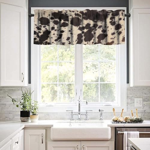 Highland Cowhide Valance Curtain, Brown Cow Rustic Western Farmhouse Animals Skin Wildlife Fur Print Blackout Short Window Treatment for Kitchen Bedroom, 54x18inch - color: Cowhide-9