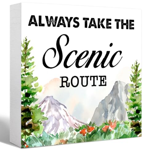 Watercolour Always Take the Scenic Route Woodland Backdrop Camping Wood Plaque Sign, Rustic Quote Mountain Landscape Block Desk Decor for Home Camper RV Shelf Table - color: water color
