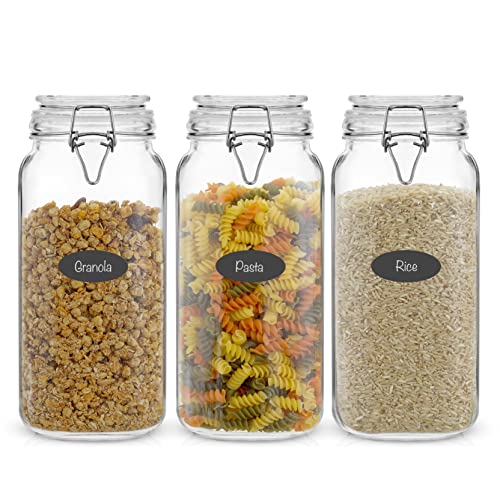 JoyJolt Airtight Glass Jars with Lids Set of 3. 78oz Glass Jar with Lid and 6 Silicone Seals! Large Glass Food Storage Containers. Square Mason Jar, Candy Jar, Flour Jar, Pasta Containers for Pantry