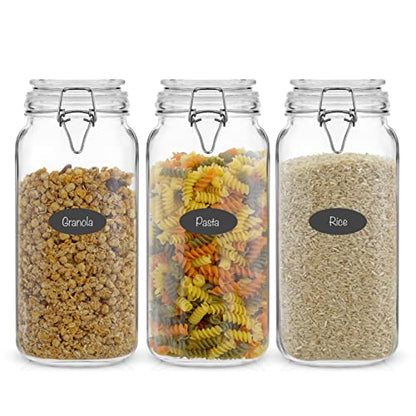 JoyJolt Airtight Glass Jars with Lids Set of 3. 78oz Glass Jar with Lid and 6 Silicone Seals! Large Glass Food Storage Containers. Square Mason Jar, Candy Jar, Flour Jar, Pasta Containers for Pantry