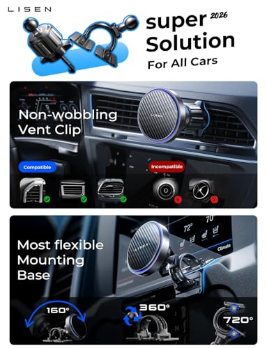 LISEN 15W MagSafe Car Mount Charger,[Carbon Fiber] Magnetic Wireless Car Charger, Dashboard & Air Vent Car Phone Mounts, Magnetic Phone Holder for Car Mount for iPhone 17/16/15/14/13/12, Samsung Pixel | Carbon Fiber 15W Magsafe Car Mount Charger, 2 in 1 D
