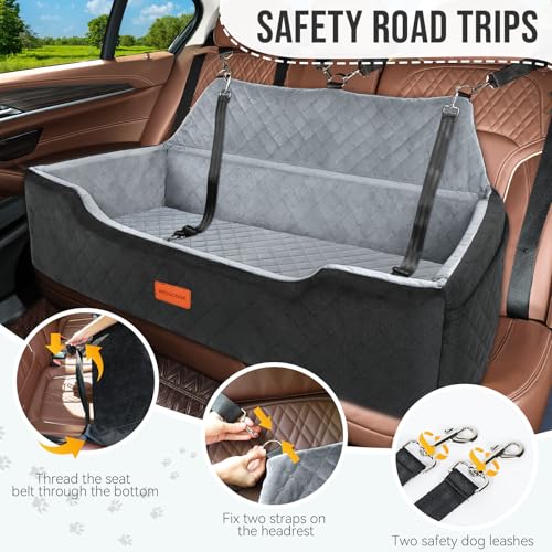 HEGGCOOE Large Dog Car Seat Under 100 lbs, Washable Dog Car Bed for 2 Medium Dogs, Detachable Pet Booster Seat with Storage Pocket and Seat Belt for Back Seat Dog Travel Bed - color: Black/Grey