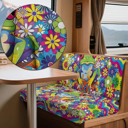 Frog Hippie Daisy Pattern 2 Pack RV Dinette Cushion Covers Breathable Sofa Furniture Protector Flannel Loveseat Sofa Chair Cover Camper Seat Covers Dinette Booth - color: Frog Hippie Daisy