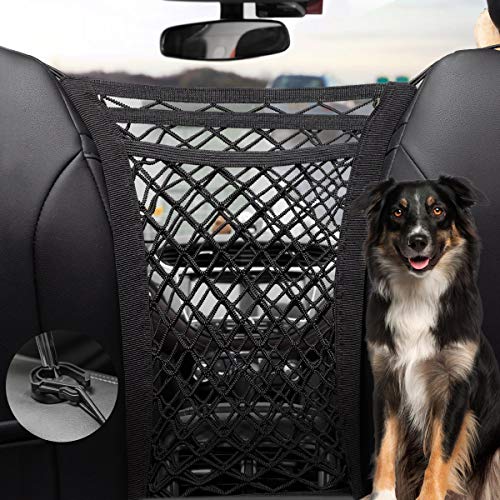 Dog Car Net Barrier 3 Layer 15.7''×13.7'' with Auto Safety Mesh Organizer, Stretchable Storage Bag Backseat Mesh Universal for Cars, SUVs -Easy Install, Safer to Drive with Pets and Children - size: 13.7 in × 15.7 in