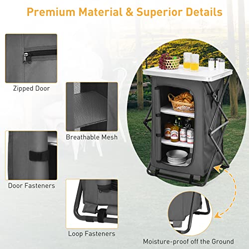Goplus Folding Camping Storage Cabinet, Pop Up Outdoor Camping Kitchen Station with Large 3-Tier Storage Organizer, Carry Bag, Easy Set Up Portable Compact Camping Table for BBQ Picnic Backyard (35'') - size: 35''
