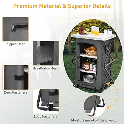 Goplus Folding Camping Storage Cabinet, Pop Up Outdoor Camping Kitchen Station with Large 3-Tier Storage Organizer, Carry Bag, Easy Set Up Portable Compact Camping Table for BBQ Picnic Backyard (35'') - size: 35''