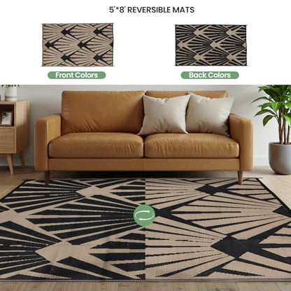 Reversible Outdoor Plastic Straw Rug 5x8 Ft, Waterproof Foldable Camping Mat with Uv Protection, Quick-Dry Plastic Straw Patio Carpet for Deck Rv Porch Backyard Black & Brown