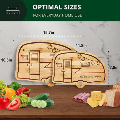 Camper Bamboo Cutting Board Set for RV Kitchen Accessories 2 Pieces, RV Wood Chopping Board Set with Juice Grooves, Hang Hole,for Meat Vegetables & Cheese,Camping Gifts RV Decor Camping Decorations - style: small and big