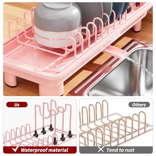 SanDream Small Dish Drying Rack with Removable Utensil Holder & Anti-Scratch Base - Stainless Steel Dish Rack, Dish Drying Rack with Drainage & Space Saving Design for Kitchen Counter, Pink - color: Pink