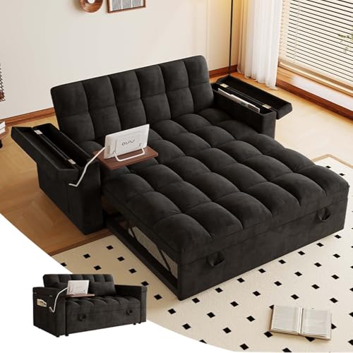 65" Foldable RV Love Seat Sofa, Modern Velvet Pull Out Couch with Table Board and UAB, Convertible Love Seat Sofa Bed with Adjustable Back and Pillow for Living Room, Small Spaces(Black, 2 Seat) - color: Black, size: 2 Seat