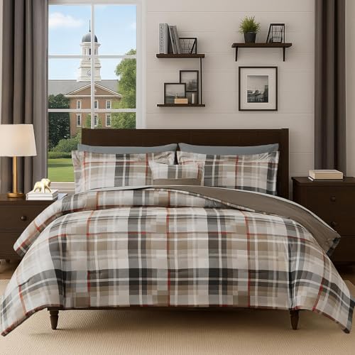 MaiRêve Plaid Queen Comforter Sets Khaki, Classic Farmhouse Bedding Set Bed in A Bag 7 Pieces, Lightweight All Season Comforter Set with Fitted & Flat Sheet, Pillowcases & Shams - color: Khaki, size: Queen