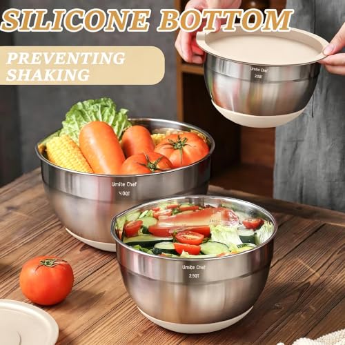 Mixing Bowls with Airtight Lids Set, 26PCS Stainless Steel Khaki Bowls with Grater Attachments, Non-Slip Bottoms & Kitchen Gadgets Set, Size 7, 4, 2.5, 2.0,1.5, 1QT, Great for Mixing & Serving - color: Khaki