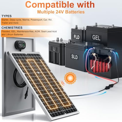 SUNER POWER 24V 30W Solar Battery Charger Maintainer, Built-in Ultra Smart MPPT Charge Controller, Waterproof 30 Watt Solar Panel Trickle Charging Kit for 24Volt AGM, Lead-Acid, Lifepo4 Battery - size: 30W-24V Ultra