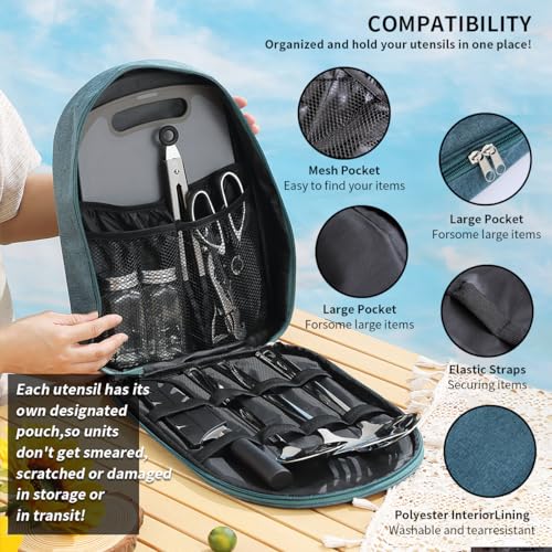 Evanda Camping Kitchen Cooking Utensil Set 10 Piece, Stainless Steel Outdoor Cooking and Grilling Utensil Organizer Travel Set Perfect for Travel, Camping, RVs, BBQs, Picnics, Parties and More