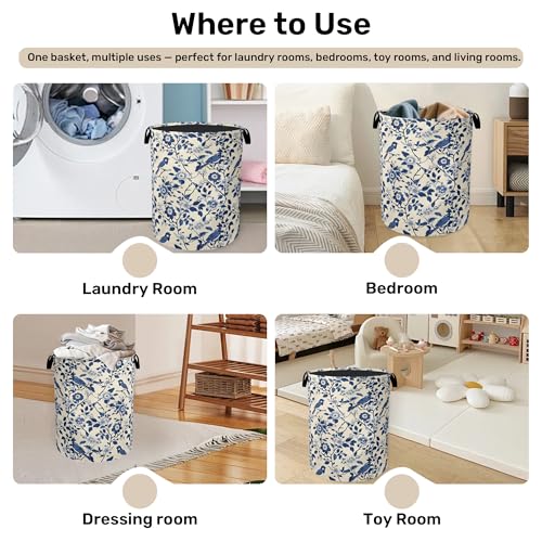 Navy Blue Beige Birds Laundry Basket - Heavy Duty 60L Dirty Clothes Organizer, Water Resistant Foldable Hamper for Men Women - color: Navy Blue Beige Birds