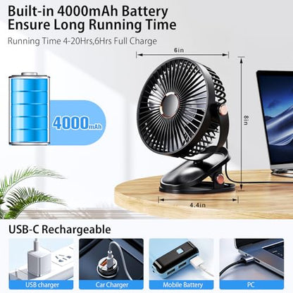 iNeibo 4000mAh Portable Clip on Fan with LED Lights, Battery Operated USB Desk Fan,4 Speed Quiet Rechargeable Mini Table Fan, 360° Rotate Personal Cooling Fan for Home Office Stroller Camping (Black) - color: Black