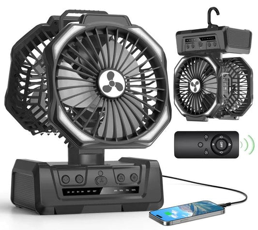 Dual Head Portable Rechargeable Fan 20000mAh Battery Powered Fan Camping Cordless with 360° Air Delivery, LED Lantern & Remote, Auto Oscillation, Battery Operated for Tent Office Travel Picnic Jobsite - color: Black, size: X Large