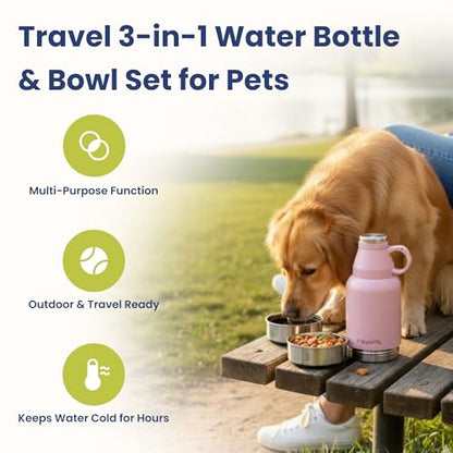 PawsPik 32oz 3-in-1 Travel Dog Water Bottle & Bowl Set – Stainless Steel Vacuum-Insulated Bottle with Detachable Food & Water Bowls, Leak-Proof, Keeps Water Cold 12hrs/Hot 6hrs (Cherry Blossom Pink) - color: Cherry Blossom Pink
