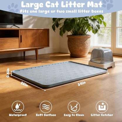 JUJOMAT Cat Litter Box Mat, 34"×22" Waterproof Silicone Cat Litter Trapping Mat Non-Slip Gray Kitty Litter Mat for Indoor Cats, Rubber Pet Food Mats with Lip Easy to Clean & Soft - size: 34"L x 22"W