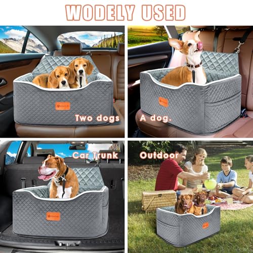 AlfaTok Memory Foam Booster Dog Car Seat for Medium Dogs Under 45 LBS, Elevated Pet Car Seat with Detachable Washable Cover, Anti-Slip Sturdy Dog Booster Seat with Seat Belt for Back Seat Travel - color: Grey