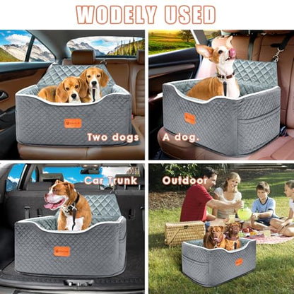 AlfaTok Memory Foam Booster Dog Car Seat for Medium Dogs Under 45 LBS, Elevated Pet Car Seat with Detachable Washable Cover, Anti-Slip Sturdy Dog Booster Seat with Seat Belt for Back Seat Travel - color: Grey