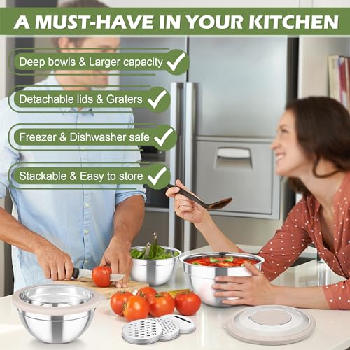 TeamFar Mixing Bowls, 3PCS Stainless Steel Serving Salad Bowls with Lids & 3 Graters, For Kitchen Mixing/Baking/Storing/Prepping, Visible & Airtight, Easy Clean - 4.5/3 / 1.5 QT, Khaki - color: Khaki, style: Transparent Airtight Lids