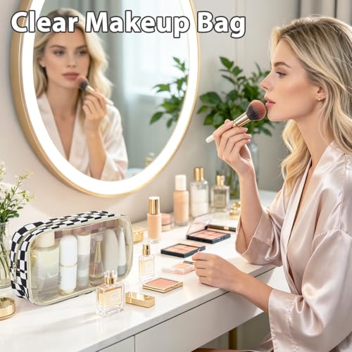 Fammart Clear Travel Makeup Bag for Women, TSA Approved Checkered Cosmetic Bag Make Up Car Organizer Case with Zipper, Large Waterproof Pouch Purse Toiletry Bag for Skincare, Brushes Travel Essentials - color: Clear, 2PCS - Black Checkered