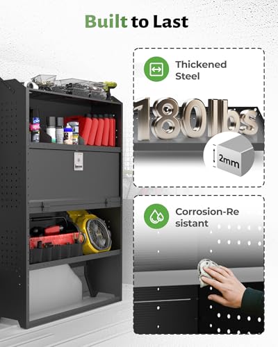StarONE Heavy-Duty Adjustable Van Shelving with Lockable Door and Hooks, 42"W x 60"H x 13"D,Fit for Transit, Promaster, Chevy Express, Sprinter Mid/High Roof, Steel Cargo Van Storage for Jobsite Tools - size: 42"W x 60"H x 13"D