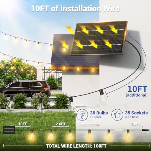 100FT Solar String Lights Outdoor Waterproof, 35+1 LED Solar Powered Lights with Remote Control, 3 Light Modes & Dimmable, USB-C Charging for Patio, Backyard, Garden, Camping - size: 100FT+Remote